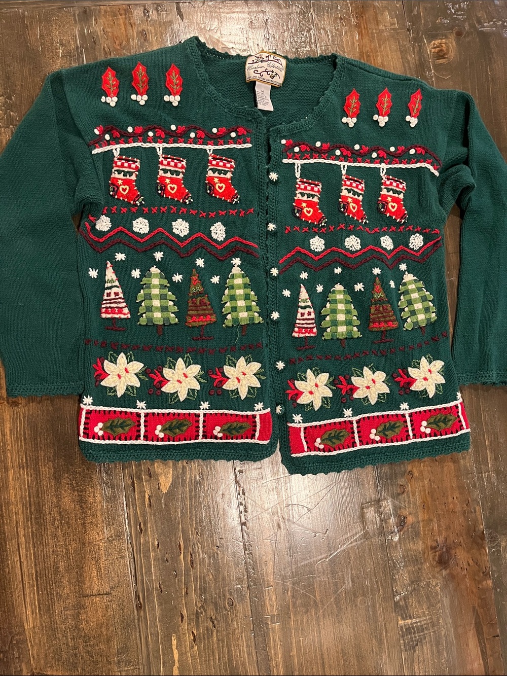 90’s Vintage Festive Green Embroidered Holiday Cardigan Sweater